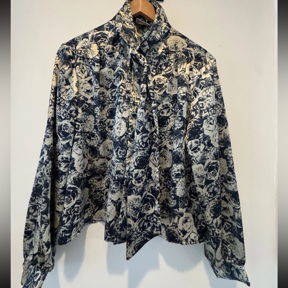 Vintage 80s Russ Dark Navy Cream Floral Blouse Pleated Skirt Set Size 12 - Picture 3 of 9